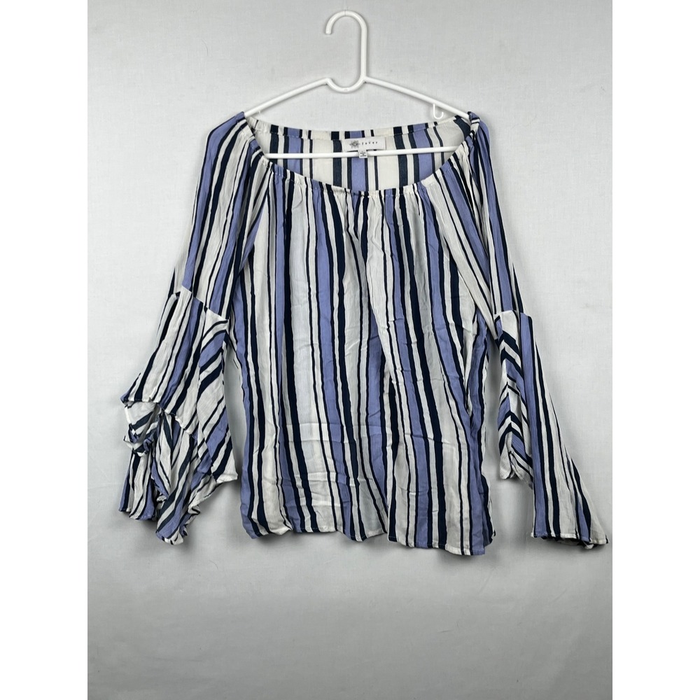 Fever Striped Off Shoulder Blouse Womens Large Ruffle Bell Sleeve Blue White L